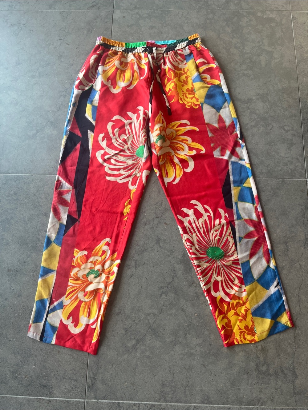 Pierre-Louis Marcia Vibrant Floral Red Silk Drawstring Pants
